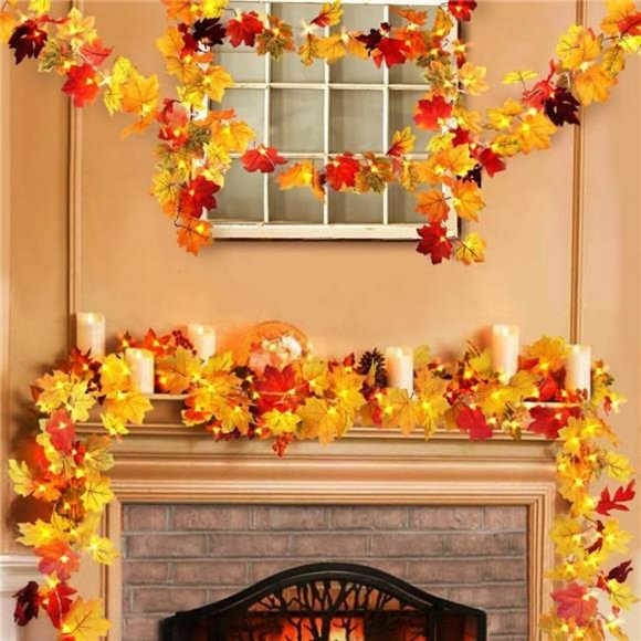 Thanksgiving Decor Fall Garland with Lights Battery Operated Maple Leaves 45 LED - Picture 1 of 6